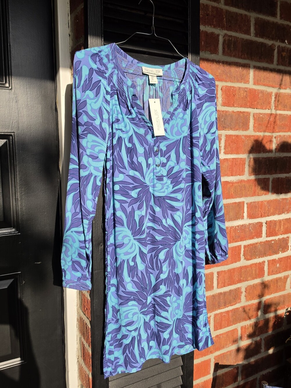 New Rachel Zoe Blue Purple Printed Long Sleeved Dress Small
